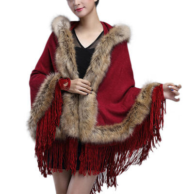 

Womens hooded fringed knit fur coat coat