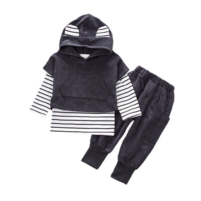

3pcsset Baby Boy Cotton Stripe Long Sleeve T-shirt Short Sleeve Hooded Sweatshirt Trousers Outfits Children Cotton New