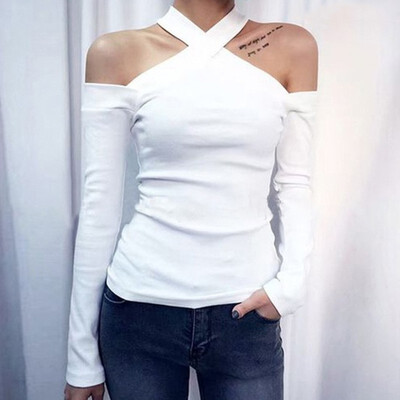 

Ladies Solid Color Vacation Tops Autumn Casual Slim Off Shoulder Blouse Plus Size Long Sleeve Temperament T Shirt