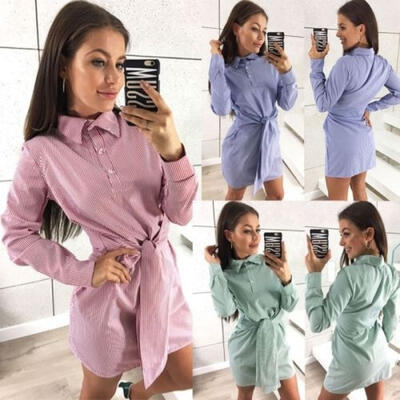 

Women Slim Fit Plaid Checks Dresses Long Sleeve tartan Collar Button Shirt Dress