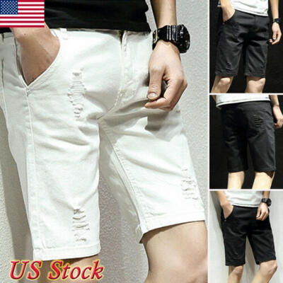 

Mens Slim Fit Stretch Denim Shorts Jeans Flat Front Half Pants