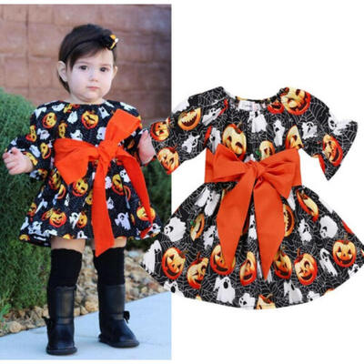 

UK Toddler Kids Girls Pumpkin Halloween Party Dress Clothes Bowknot Tutu Dresses