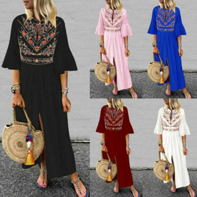 

Women Solid Color Printing O Neck Casual Dress Ladies Middle Sleeve Long Dress