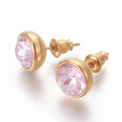

304 Stainless Steel Ear Studs with Cubic Zirconia Flat Round Golden PearlPink 10x17mm Pin 07mm