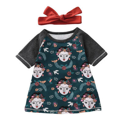 

Girls Fashion Clothing Set Short Sleeve Dress Headband Splicing Color Suit
