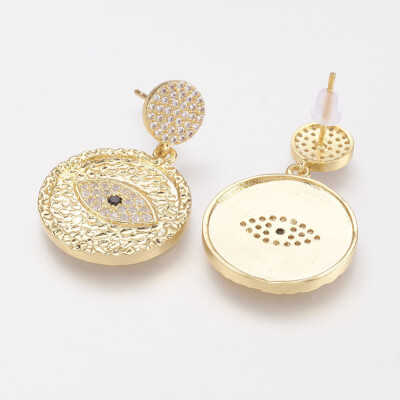 

Brass Micro Pave Cubic Zirconia Dangle Ear Studs Lead Free & Cadmium Free Flat Round&Horse Eye Golden 33mm Pin 08mm