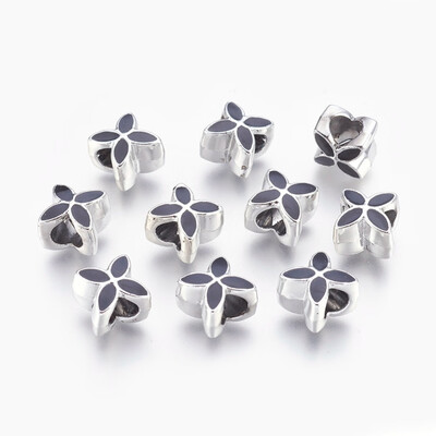

Alloy Enamel European Beads Large Hole Flower Beads Silver Black 10x10x8mm Hole 5mm