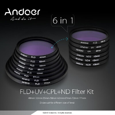 

Andoer 58mm UVCPLFLDNDND2 ND4 ND8 Photography Filter Kit Set Ultraviolet Circular-Polarizing Fluorescent Neutral Density Filt