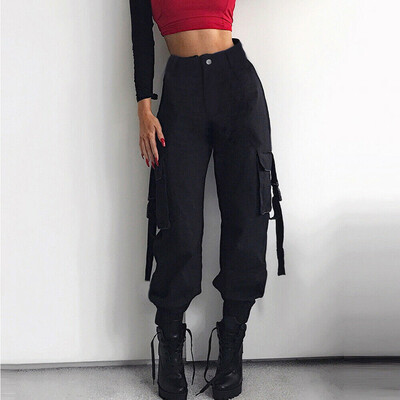 

Womens High Waisted Cargo Trousers Pants Solid Punk Loose Long Sports