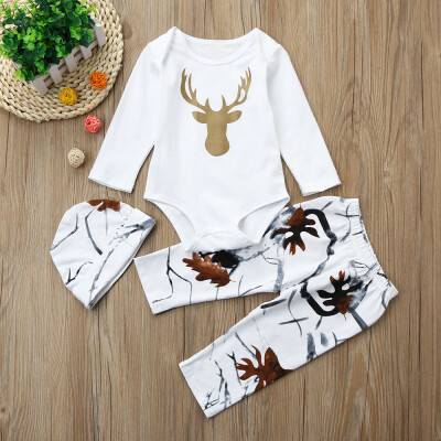 

Newborn Infant Baby Boy Deer Romper TopsPants Hat 3Pcs Outfits Clothes Set