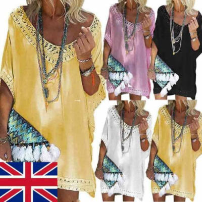 

Women Beach Dress Bikini Cover Up Kaftan Holiday Short Sleeve Long Tops Dress