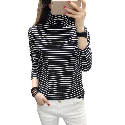 

Spring Korean Women Stripe Basic T-shirt Turtleneck Casual Harajuku Tops