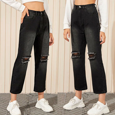 

Women Elastic Waist Denim Jeans Straight Leg Ripped Ladies Casual Pants Trousers