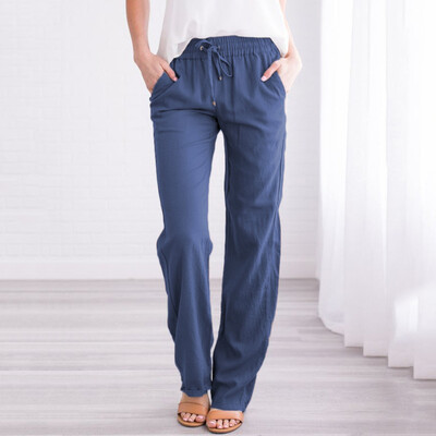 

Fashion Women Solid Lace Up Cotton And Linen Brief Casual Daliy Long Pants