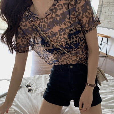 

Korean Style Thin Transparent Short Sleeve Summer Sexy Leopard Mesh T-shirt