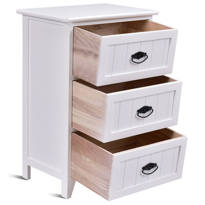 

3 Drawers End Storage Wood Side Nightstand-White