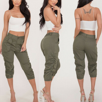 

Women Casual Pencil Pants High Waist Pockets 34 Cargo Jogger Slim Trousers