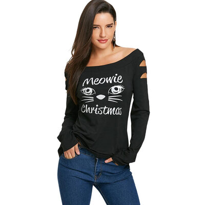 

Christmas Cat Print Off The Shoulder Top