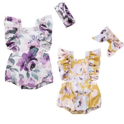 

Newborn Infant Baby Girls Flower Romper Bodysuit headband Sunsuit Outfit 0-24M