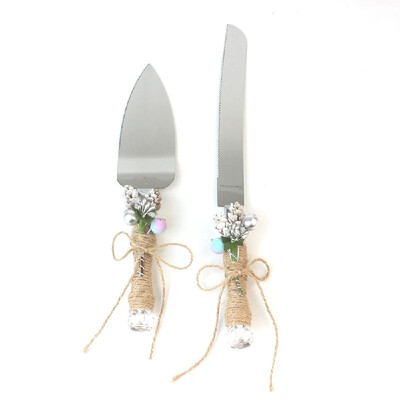 

Stainless Steel Wedding Cake Knife & Server Set Burlap Twine Handle with Artificial Flower Cake Cutlery for Wedding Anniversary Bi
