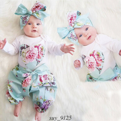 

Newborn Kid Baby Girl Floral Clothes Jumpsuit Romper Bodysuit Pants 3PC Outfits