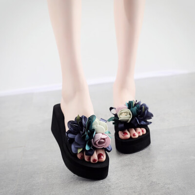 

Rose Fashion Women Slip-on Open Toe Wedges Heels Causal Flower Slipper Slides Shoes