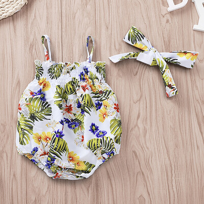

Newborn Infant Baby Girls Straps Flower Print Romper Sunsuit Hair Band Bodysuit