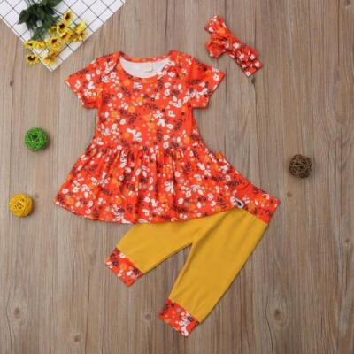 

3Pcs Newborn Baby Girls Floral Tops DressPantsHeadband Outfits Cotton Clothes