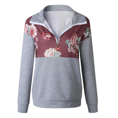

Casual Retro Quarter Zip Pullover Sweatshirt Women Floral Print Tops