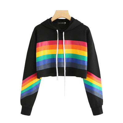 

goldstrings Womens Casual Rainbow Striped Sleeve Drawstring Loose Pullover Hoodies Cropped Hoodies