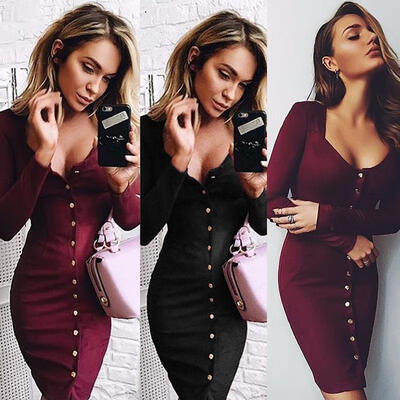 

Women Bodycon Long Sleeve Dress Ladies Party Evening Mini Pencil Dress
