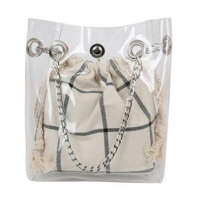 

2PcsSet Women Transparent Plaid Drawstring Chain Crossbody Shoulder Bucket Bag