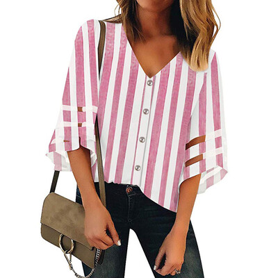 

Starmoon Women Striped Button V Neck Mesh Panel Blouse 34 Bell Sleeve Top Shirt