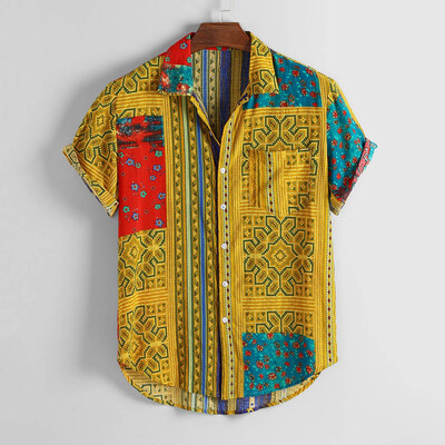 

Tailored Mens Vintage Ethnic Printed Turn Down Collar Short Sleeve Loose Casual Shirts