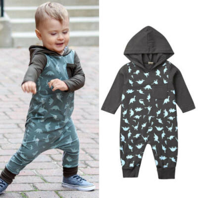 

Newborn Baby Boys Long Sleeve Dinosaur Hooded Romper Jumpsuit Bodysuit Clothes