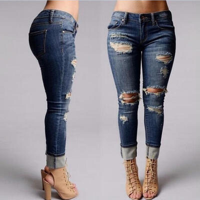 

2017 Women Hole Destroyed Ripped Distressed Slim Denim Pants Boyfriend Jeans Trousers