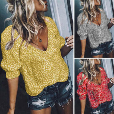 

US Womens V Neck Long Sleeve Floral Loose Tops Casual Plain Tee Shirt Blouse