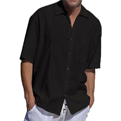 

Mens Short Sleeve Linen Loose Shirt Casual Shirt Breathable Soft V-Neck Tops