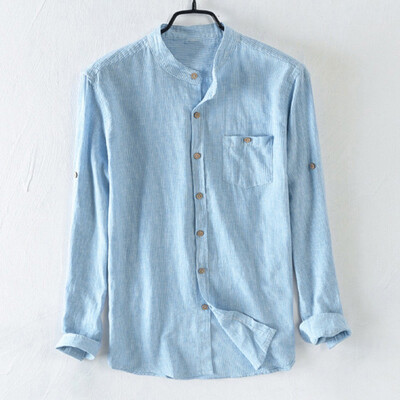 

Toponeto Mens Baggy Cotton Breathable Striped Button Pocket Plus Size Long Sleeve Shirts