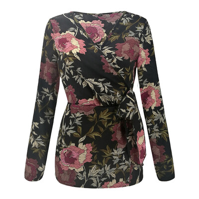 

Womens Shirts Office Tops T-shirt V-neck Retro Blouse Wrap Casual Floral Print