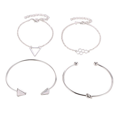 

4 Pc Set Women Fashion Multi-Layer Triangle Opening Chain Bracelet Bangles Wristband