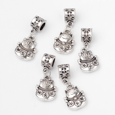 

Tibetan Style Alloy European Dangle Pendants Cat Antique Silver 265mm Hole 45mm