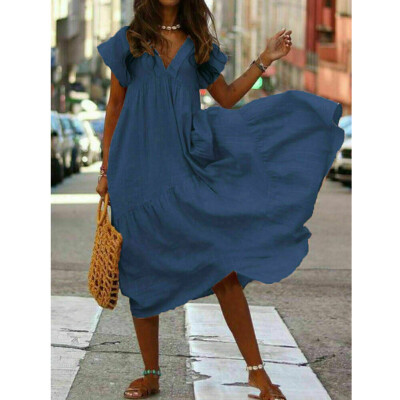 

Women Boho Cotton Linen Tunic Short Sleeve Maxi Dress Gypsy Casual Loose Shirt Kaftan Sundress