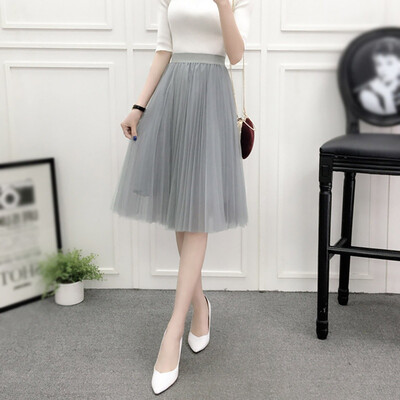 

Elegant Elastic High Waist Skirts Women Tulle Skirts Vintage Pleated Knee-Length Skirts Multi-Layer Mesh Tutu Skirt