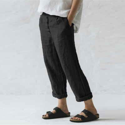 

2019 Women Casual Cotton Linen Pants Straight Pocket Button Long Trousers M2XL