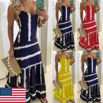 

Women Maxi Dress U Neck Sleeveless Long Solid Ladies Summer Casual Sundress US