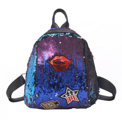 

Sequins Lips Pattern Travel Backpacks Women School Bags PU Leather Knapsack