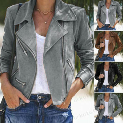 

Womens Ladies Suede Leather Jacket Flight Coat Zip Up Biker Casual Tops Clothes