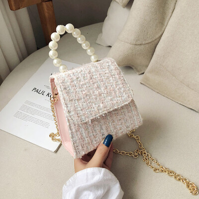 

Foreign style woolen bag female 2019 new Korean fashion wild pearls portable chain shoulder slung small square bag