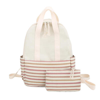 

2pcsSet Striped Canvas Backpack Women Schoolbags Clutch Travel Rucksack